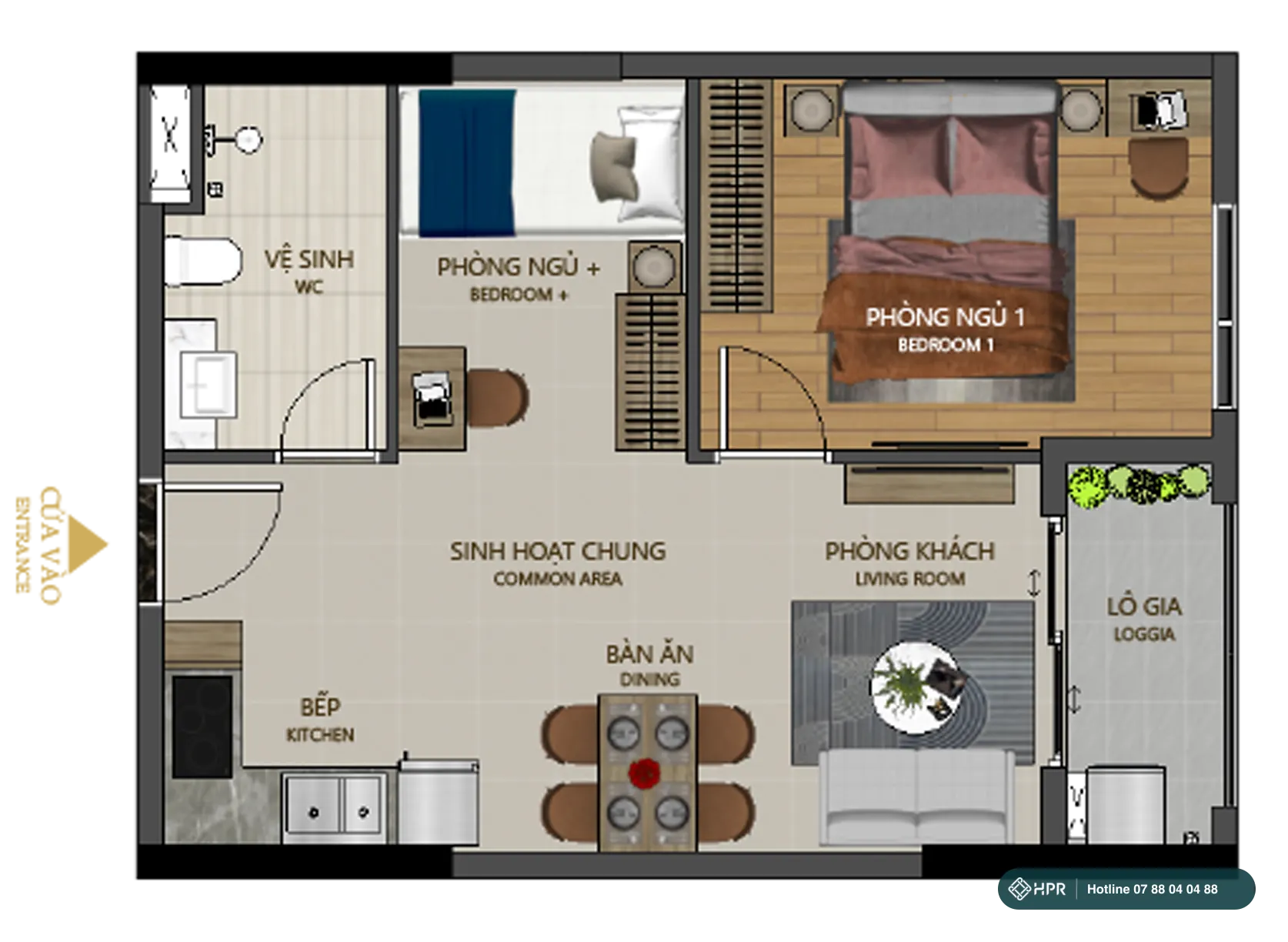 Layout căn hộ 1PN+ 1WC Maison Grand Phú Mỹ