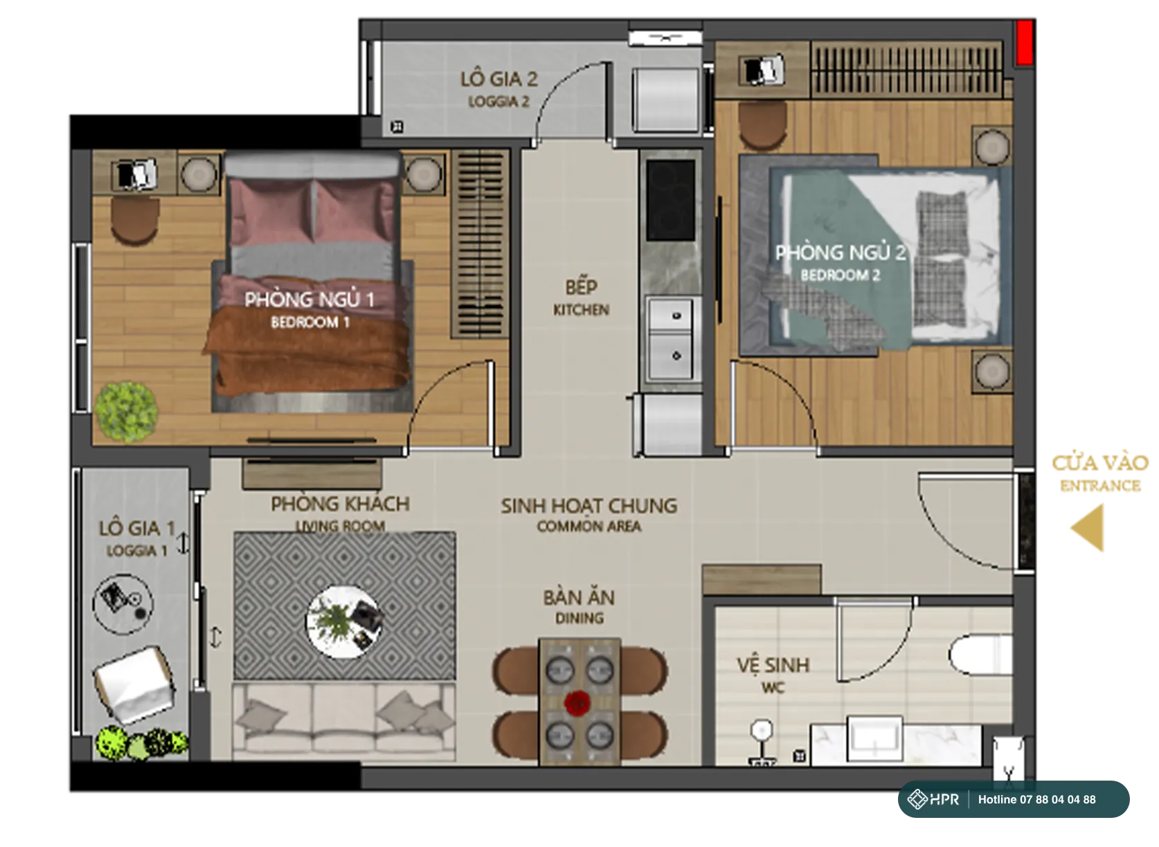 Layout căn hộ 2PN 1WC Maison Grand Phú Mỹ