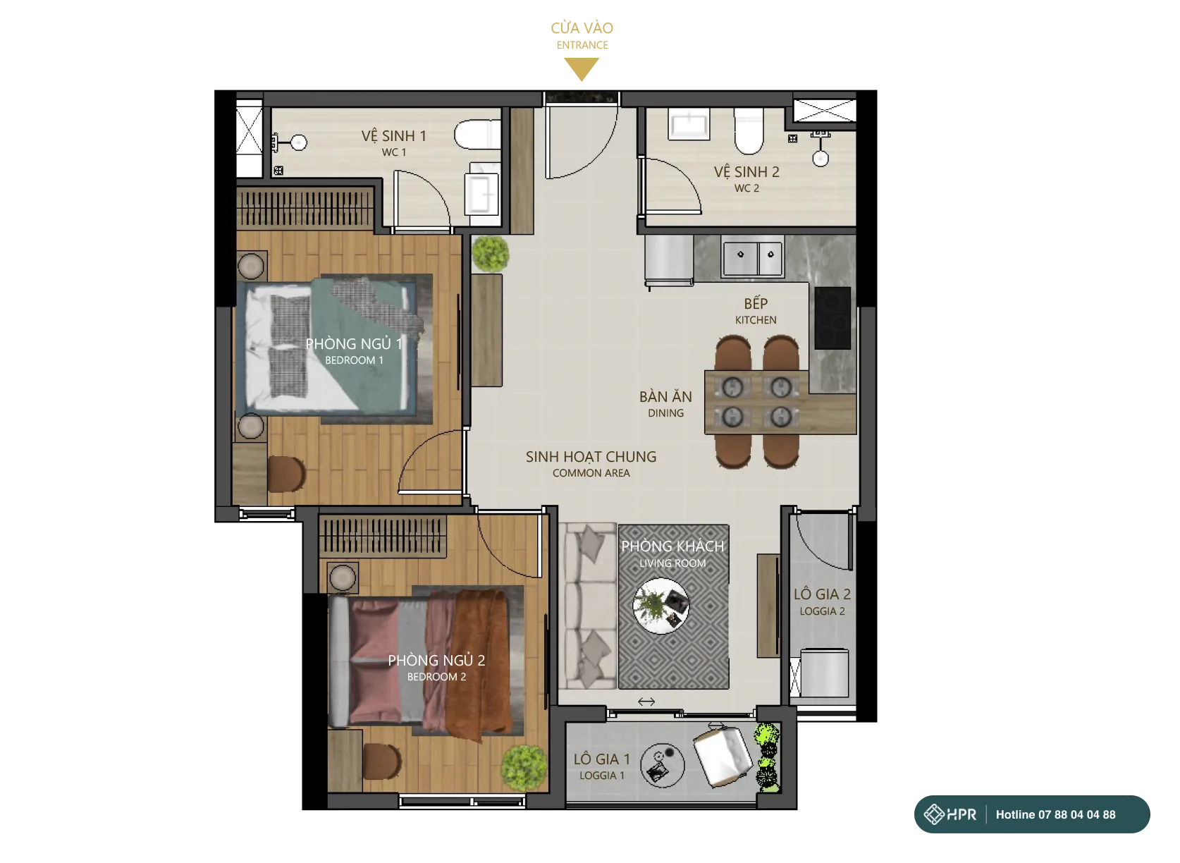 Layout căn hộ 2PN 2WC Maison Grand Phú Mỹ