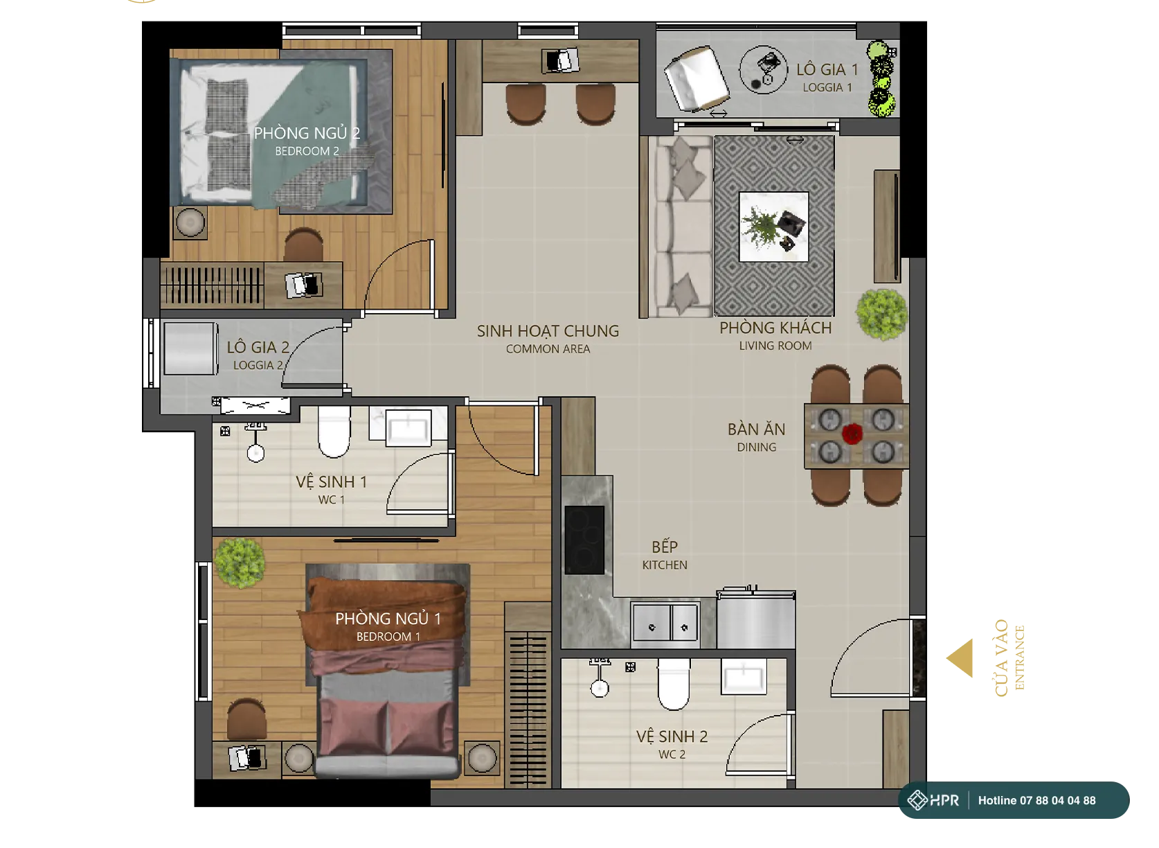 Layout căn hộ 2PN+ 2WC Maison Grand Phú Mỹ