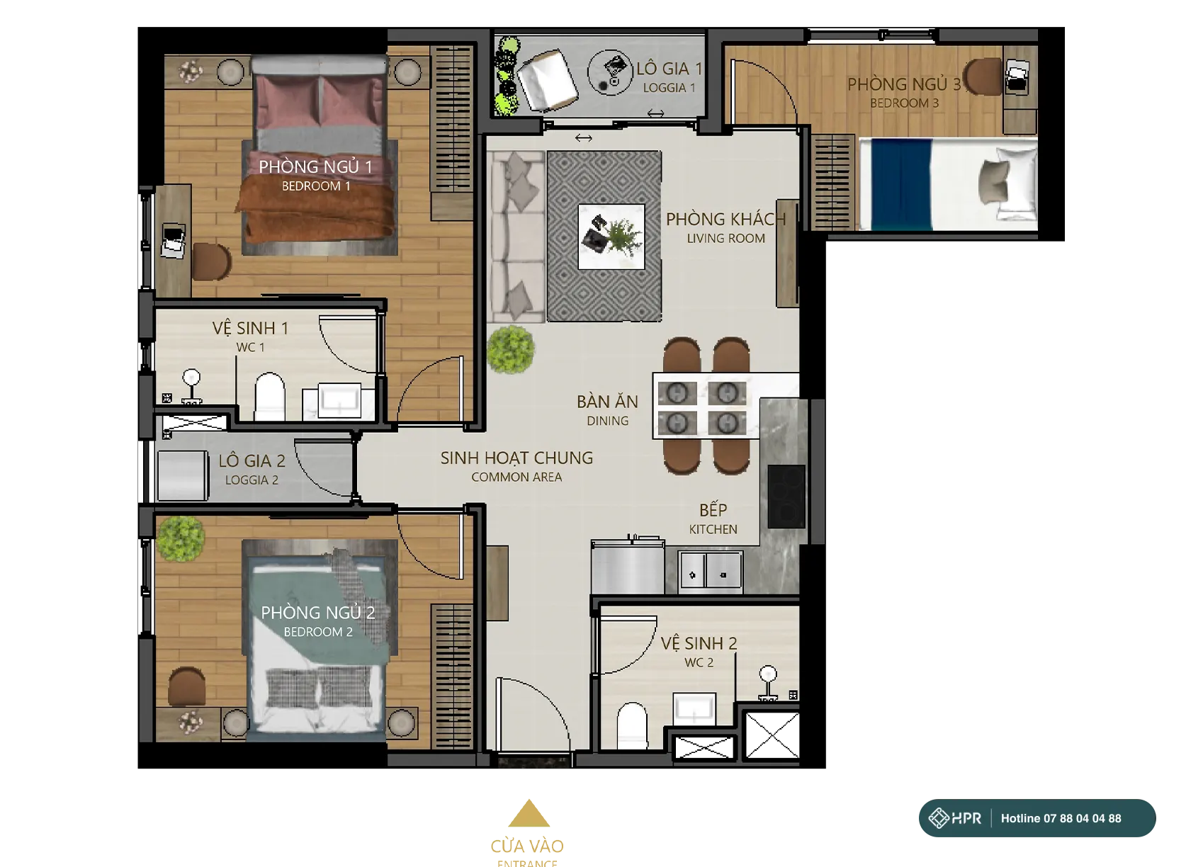 Layout căn hộ 3PN 2WC Maison Grand Phú Mỹ