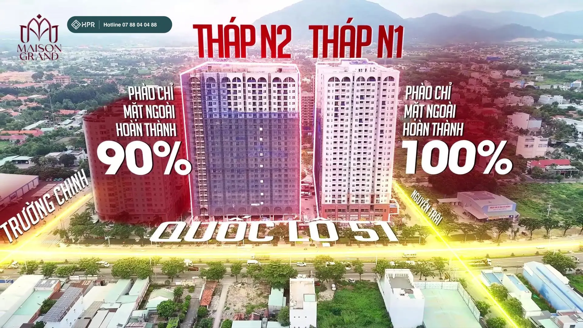 Hai tháp Maison Grand Phú Mỹ đầu tháng 9/2026 — phào chỉ mặt ngoài N1 xong 100%, N2 xong 90%