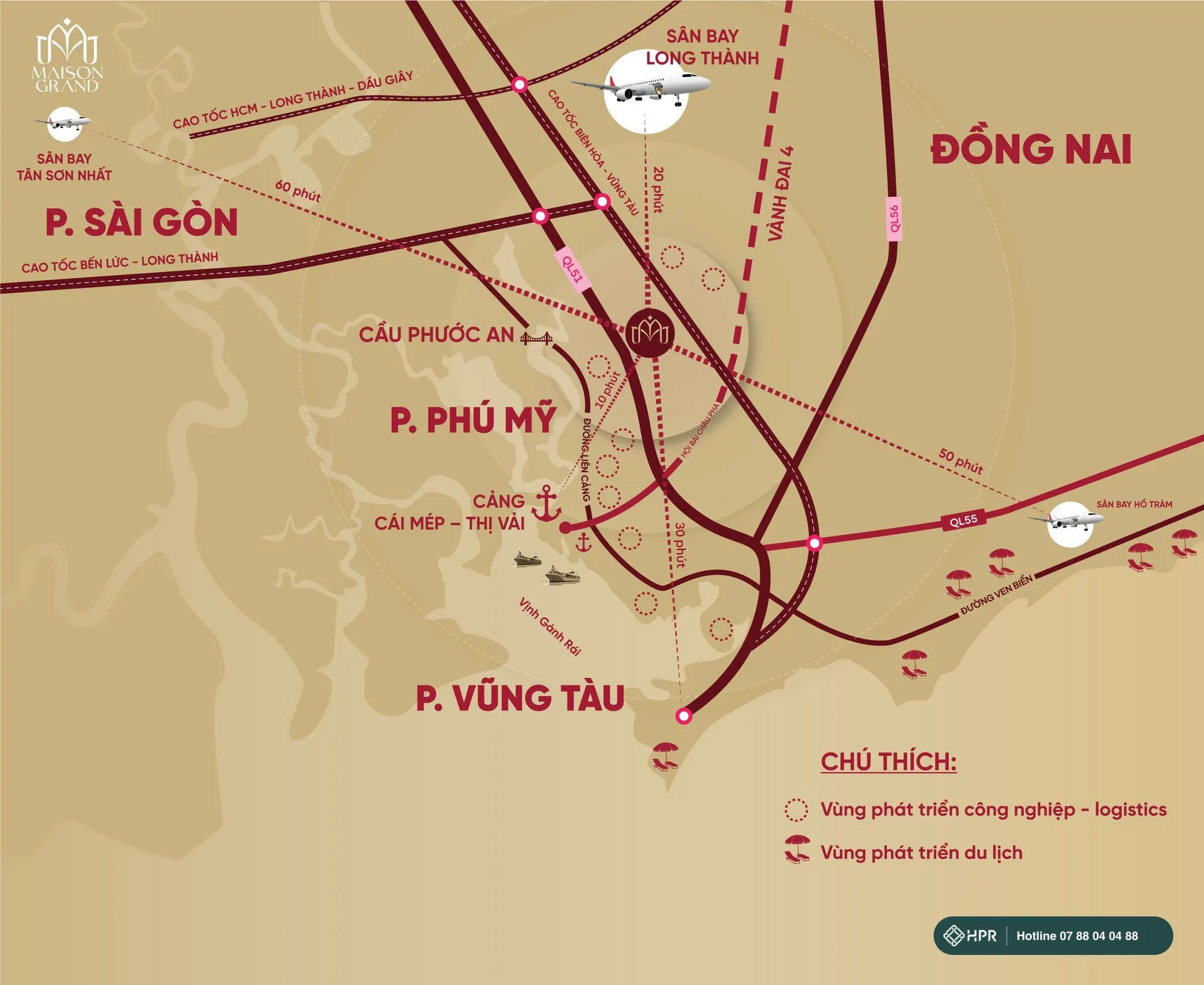 Sơ đồ vị trí và kết nối vùng của Maison Grand Phú Mỹ — sân bay Long Thành, cảng Cái Mép – Thị Vải